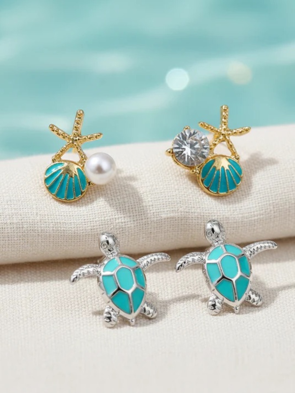 Turquoise Sea Shell & Turtle Mixed Stud Earring Set - Gold and Silver - Picture 2 of 10